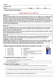 English Worksheet: Test on Young People and Smoking (9th Grade Portuguese Students)