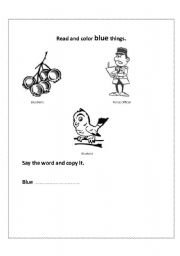 English worksheet: Read and color blue things