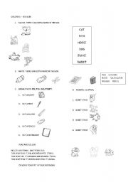 English worksheet: revision colours pets school objects