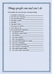 English Worksheet: Things people can or can´t do