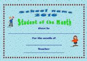 English Worksheet: CERTIFICATE - STUDENT OF THE MONTH
