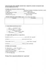 English worksheet: General exercises about countable, present tenses, comparative, pronouns and grammar quiz.