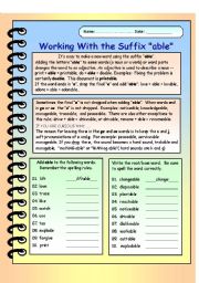 English Worksheet: Working with the Suffix able.  Editable with Answer Key.