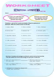 English Worksheet: SYNONYMS VS ANTNONYMS