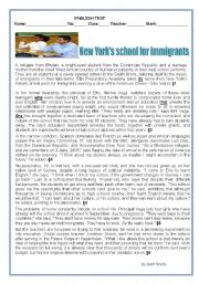 English Worksheet: TEST:New Yorks school for immigrants   
