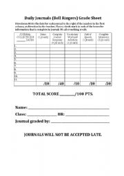 English worksheet: Daily Journal Writing Grade Sheet