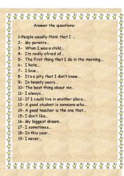 English worksheet: Answer the questions about you