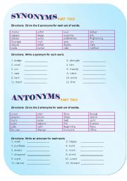 English Worksheet: SYNONYMS ANTONYMS PART II