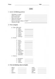 English worksheet: Placement Test for 6th graders of ESL