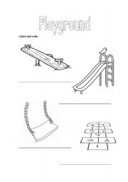 English Worksheet: Playground colouring, labelling, drawing