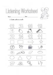 English Worksheet: Listening Worksheet (revision of food, shapes and numbers)