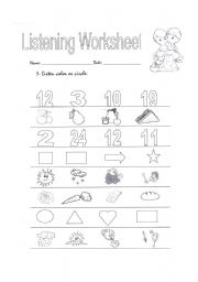 English worksheet: Listening Worksheet (revision of food, shapes and numbers)