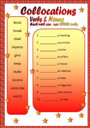 English worksheet: Verb and Noun Collocations