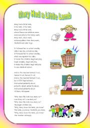 English Worksheet: Mary Had a Little Lamb ( Song )