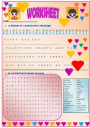 English Worksheet: ST. VALENTINES WORD SEARCH AND SECRET MESSAGE
