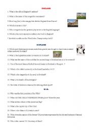 English Worksheet: Cultural Quiz - England, Sotland, USA