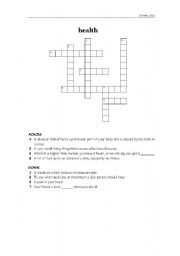 English worksheet: Crossword for Health