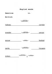 English worksheet: English Words: American vs. British part 1