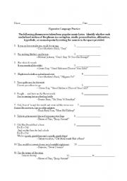 English worksheet: Figurative Language practice with Music Lyrics