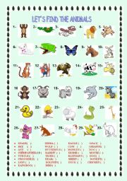 English Worksheet: lets find the animals