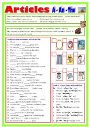 English Worksheet: Articles = A-An-The  (B/W & Keys)