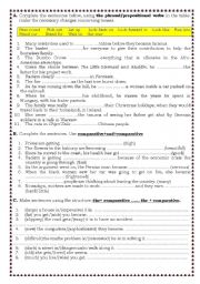 worksheet about phrasal and prepositional verbs, double comparative and sentential relative clauses