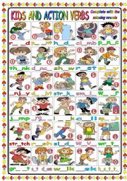 English Worksheet: CUTE KIDS AND ACTION VERBS (B&W VERSION+KEY INCLUDED)