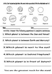 English Worksheet: Planets/Which and Ordinal Numbers