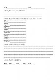 English worksheet: PRESENT SIMPLE, NATIONALITIES, VERBS, WH QUESTIONS