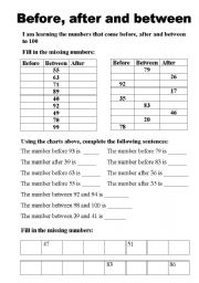 English Worksheet: Before, after and between to 100