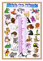 English Worksheet: Animals - matching exercise 1/2 (fully editable)