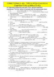 English Worksheet: conditionals all types&wish clauses
