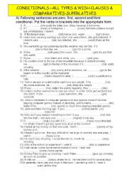 English Worksheet: conditionals all types&wish clauses