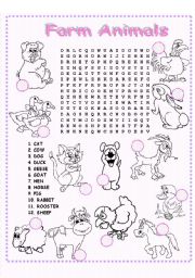 English Worksheet: Farm Animals Wordsearch