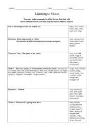 English Worksheet: Listening Worksheet for Music