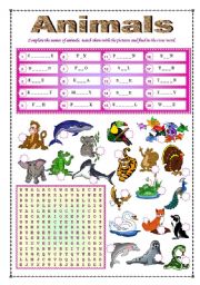 English Worksheet: Animals  (fully editable + B&W + key)