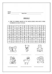 English Worksheet: Animal Word Search and Writing