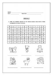 English worksheet: Animal Word Search and Writing