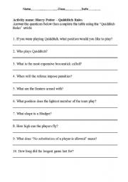 English worksheet: Quidditch Rules