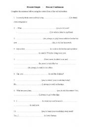 English worksheet: Present Simple - Present Continuous