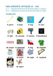 English worksheet: NON DEFINITE ARTICLES (ACTIVITIES WITH PICTURES INCLUDED)