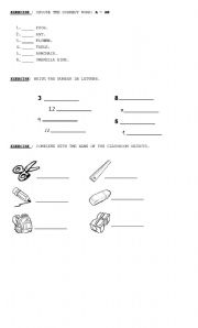 English worksheet: A-AN, Numbers and School Objects