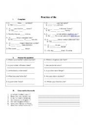 English worksheet: Practice of BE
