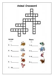 English Worksheet: animal cross word