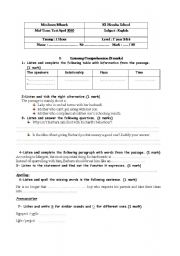 English Worksheet: mid term test 3 first year