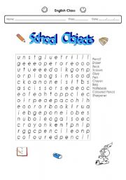 English Worksheet: School Objects - Wordsearch