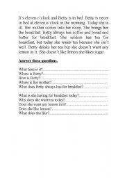 English worksheet: Betty is in bed