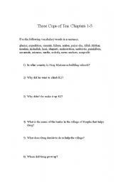 English Worksheet: Three Cups of Tea Quiz  Chapters 1-5