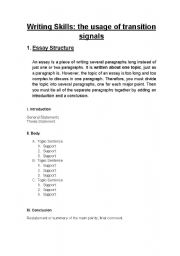 English Worksheet: WRITING SKILLS - THE USAGE OF TRANSITION SIGNALS (CONJUNCTIONS / ADVERBS)