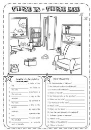 English Worksheet: THERE IS - THERE ARE + PREPOSITIONS - B&W